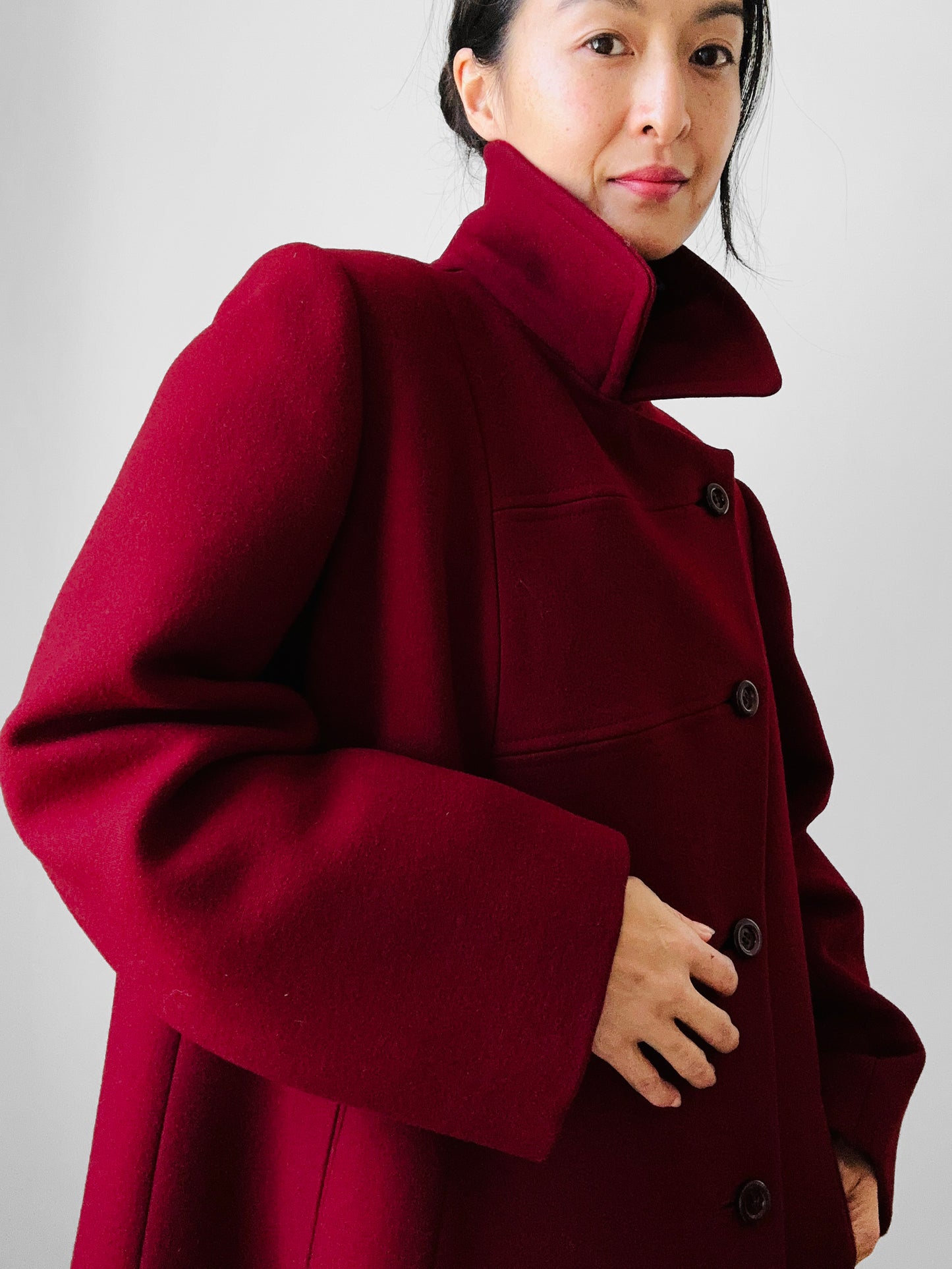 1960s Deep Wine Red Asymmetrical A-Line Midi-Length Heavy Wool Coat - S/M