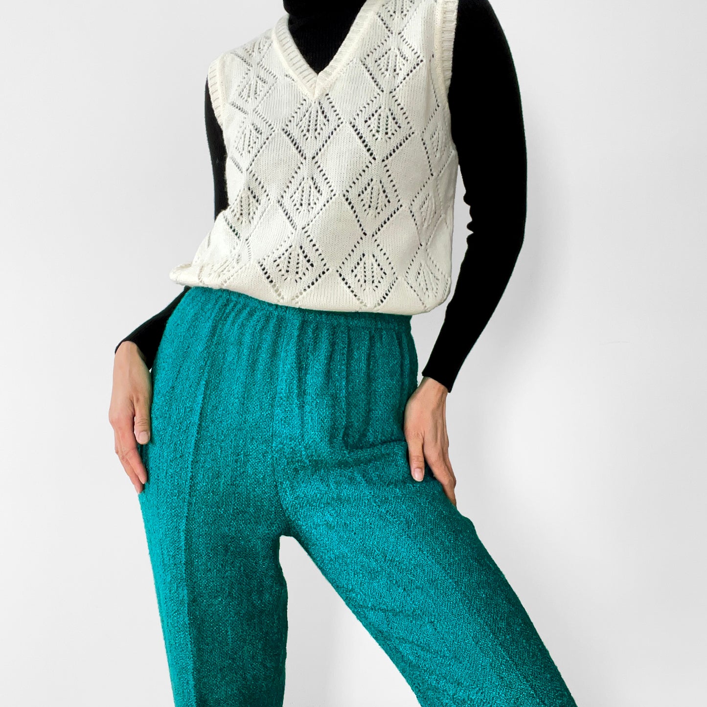 1970s-1980s Teal Knit Elastic-Waist Pants