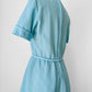 1960s Turquoise Button-Front Tied-Waist Short-Sleeve Textured Knit Dress - Sz. S