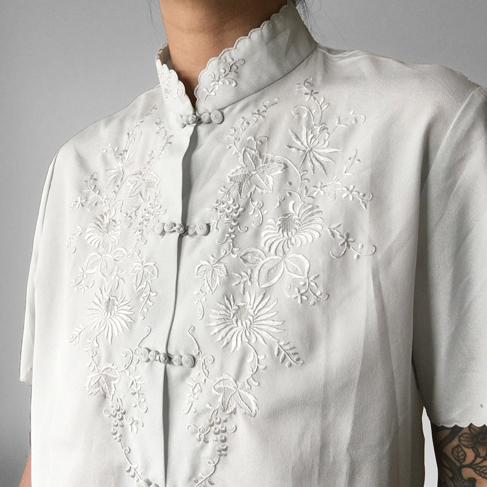 Soft Grey Floral Embroidered Short-Sleeve Silk Blouse