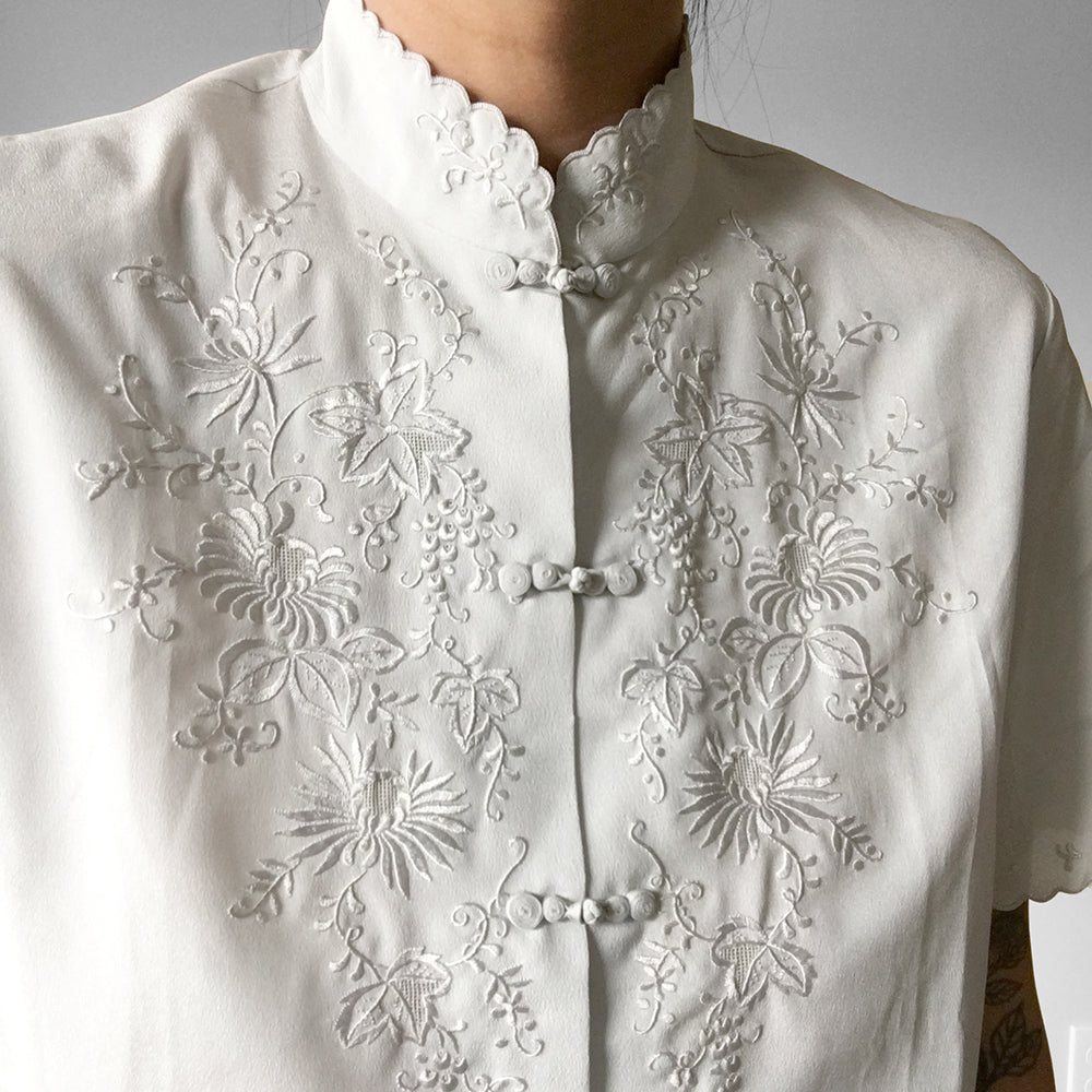 Soft Grey Floral Embroidered Short-Sleeve Silk Blouse