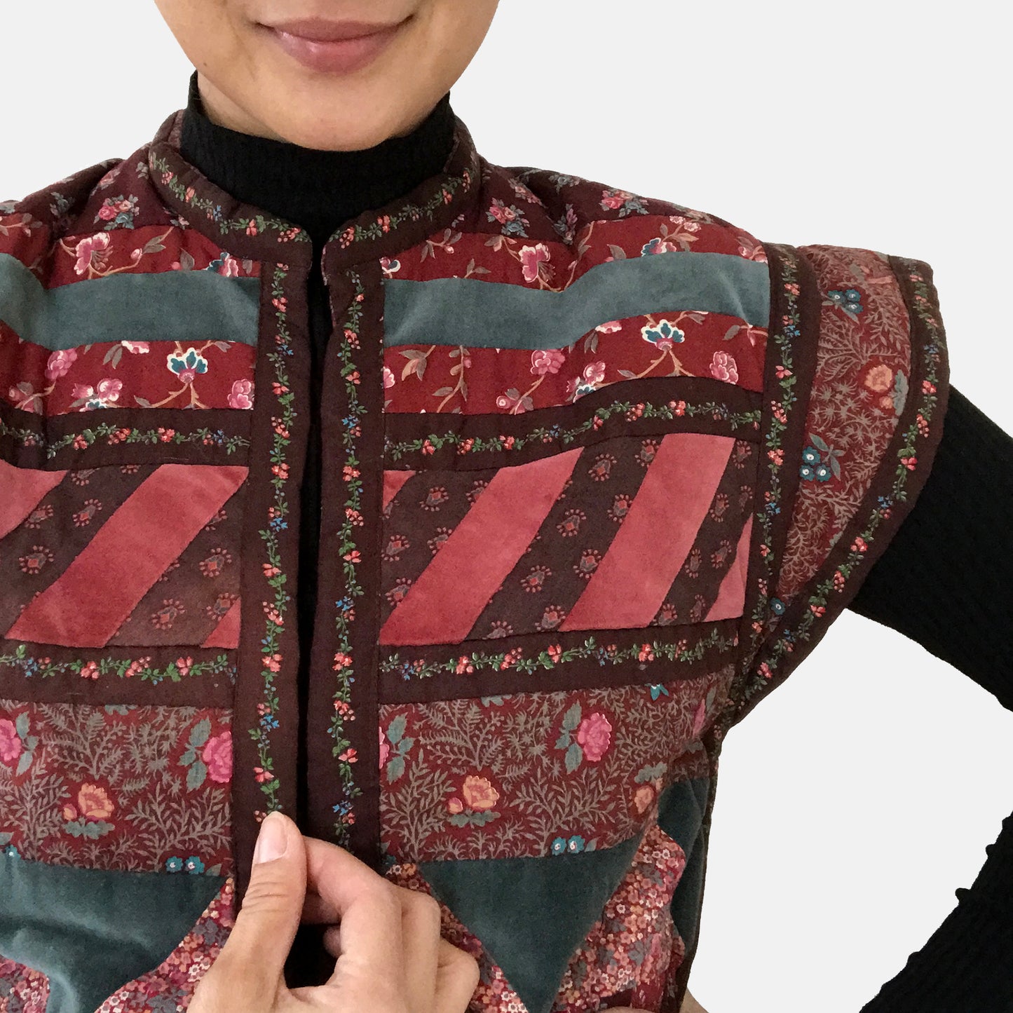 1970s Suttles and Seawind Canada Floral Paisley Velvet Cotton Patchwork Folk Vest