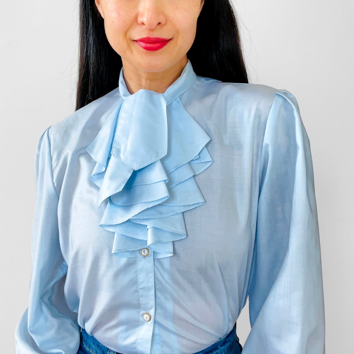 1970s Blue Ruffle-Neck Tie-Neck Button-Front Blouse