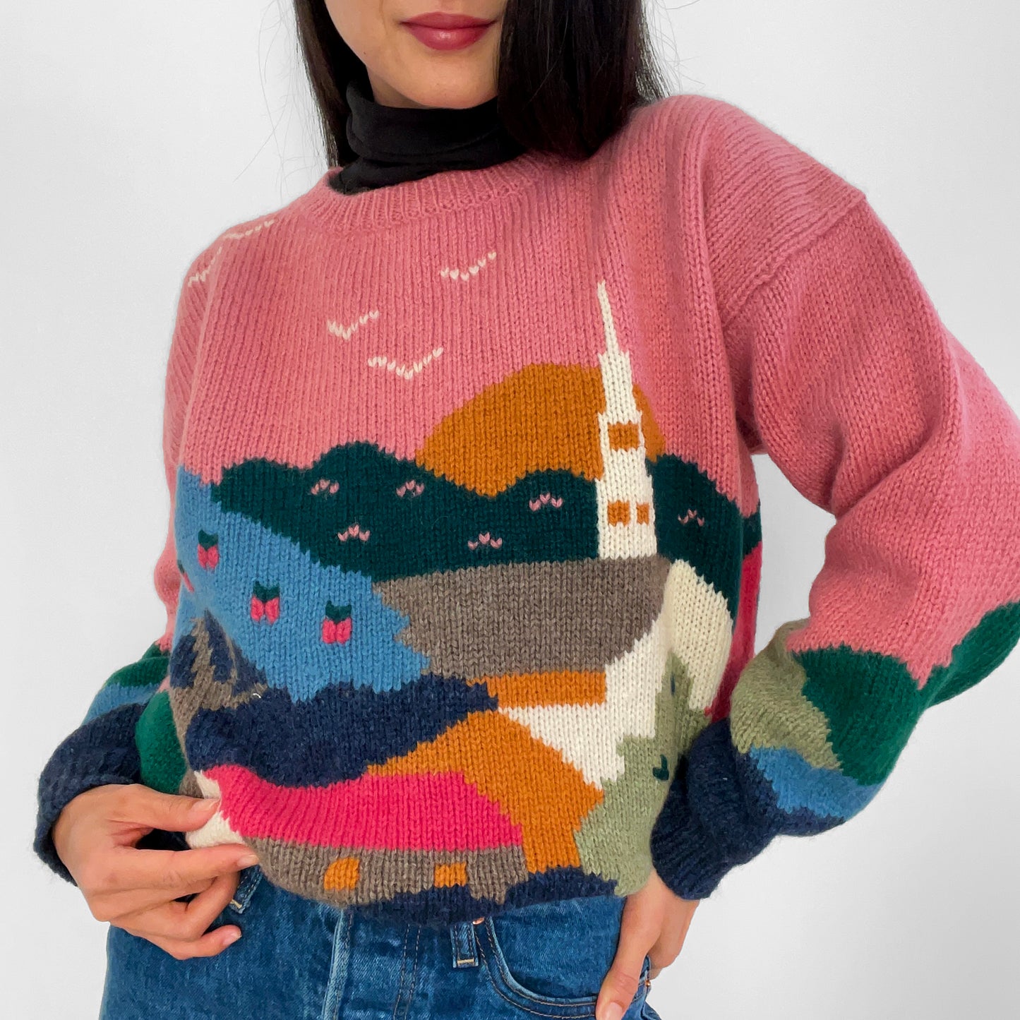 1990s Pink Wool Scotland-Spun Scenic Knit Sweater