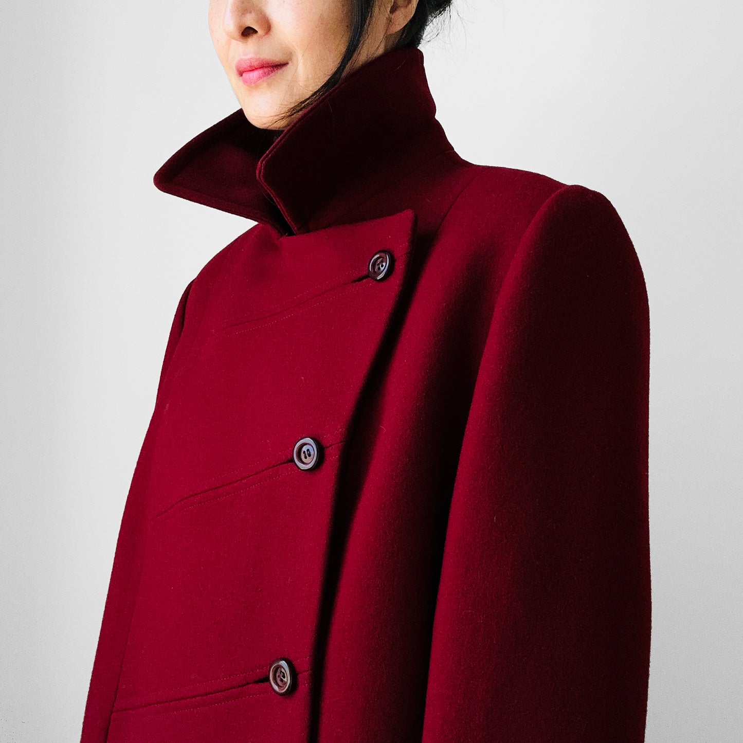 1960s Deep Wine Red Asymmetrical A-Line Midi-Length Heavy Wool Coat - S/M