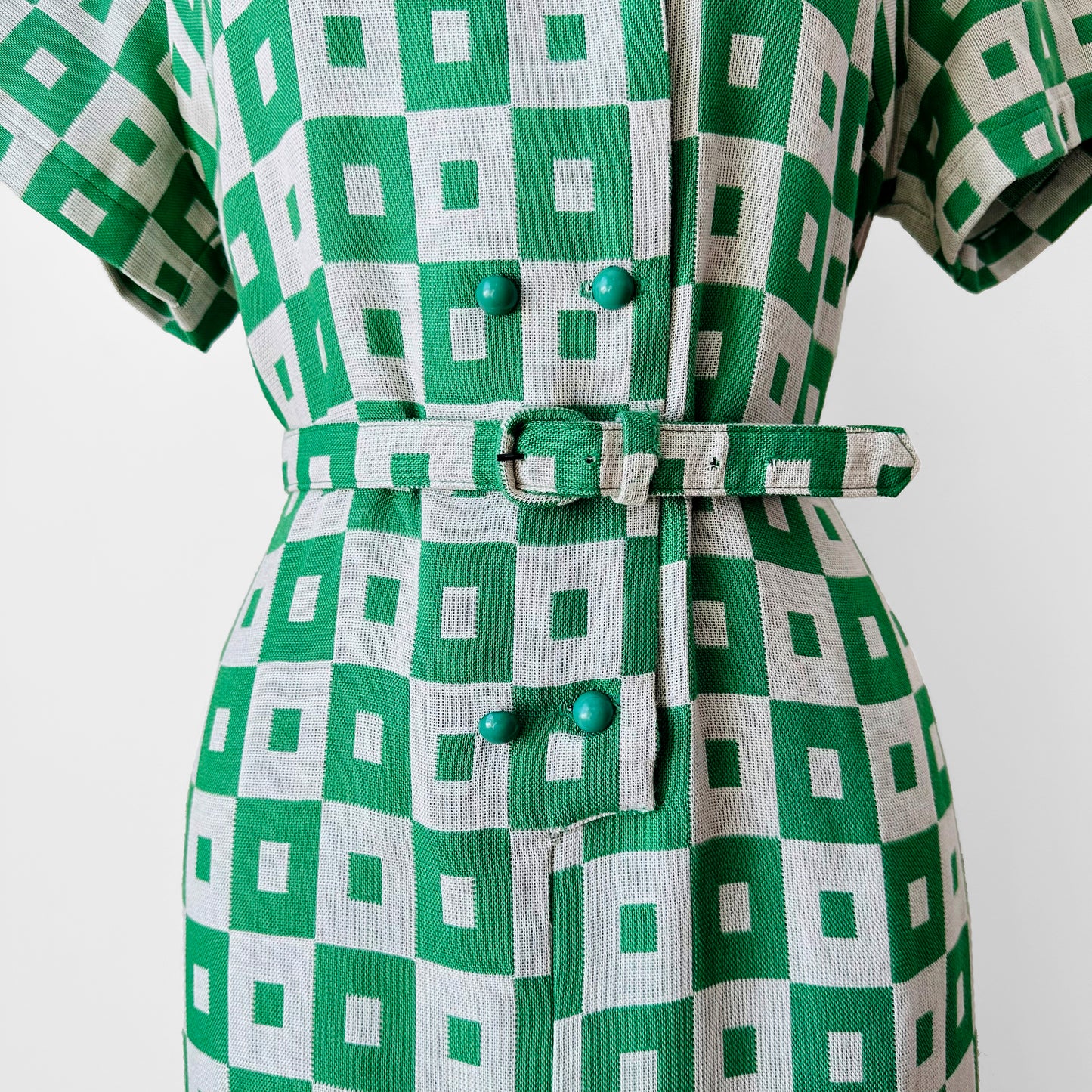 1960s Apple Green and White Patterned Button-Front Belted Knee-Length Dress - M/L