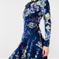 1970s Floor Length Floral Fitted High-Neck Zip-Back Long-Sleeve Dress