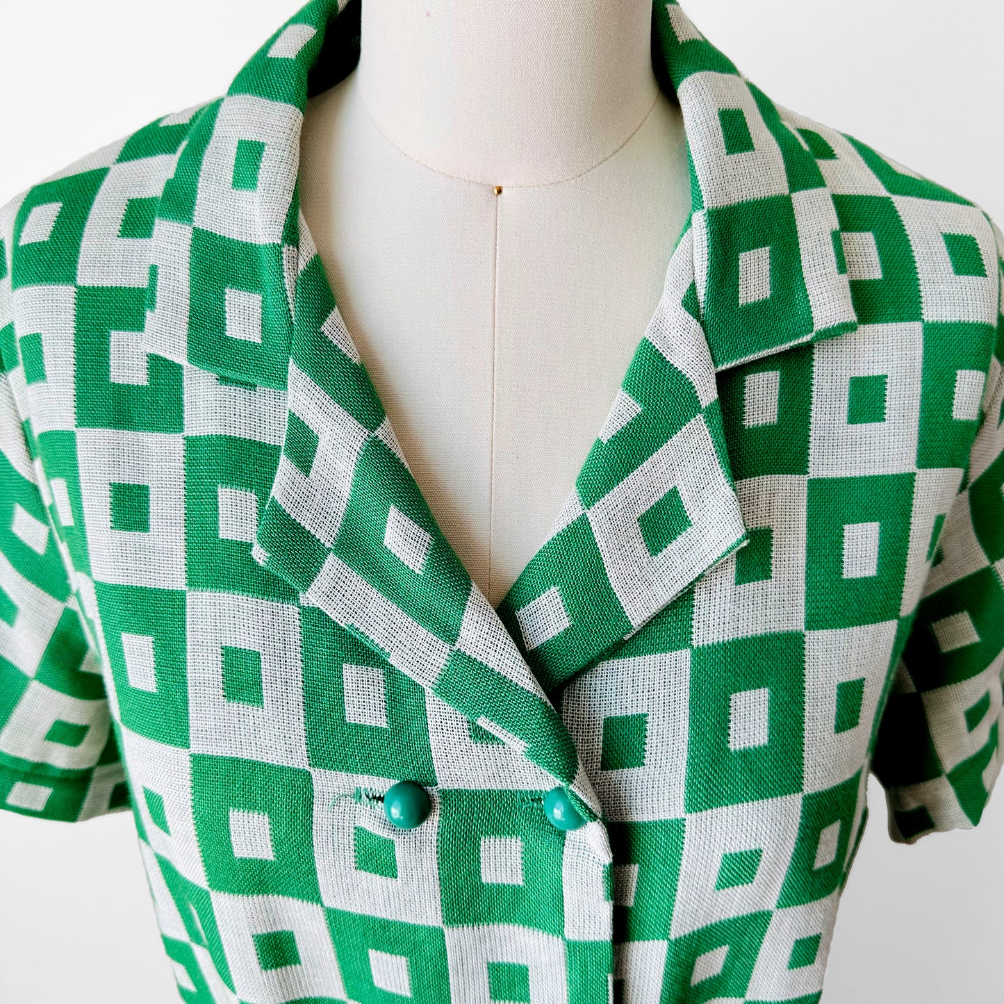 1960s Apple Green and White Patterned Button-Front Belted Knee-Length Dress - M/L