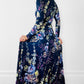 1970s Floor Length Floral Fitted High-Neck Zip-Back Long-Sleeve Dress