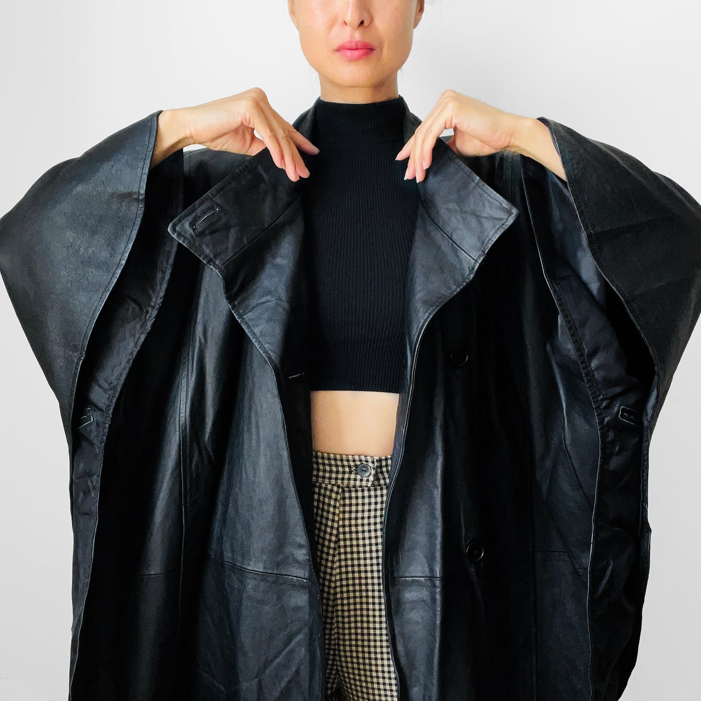 1990s Black Leather Cape Coat