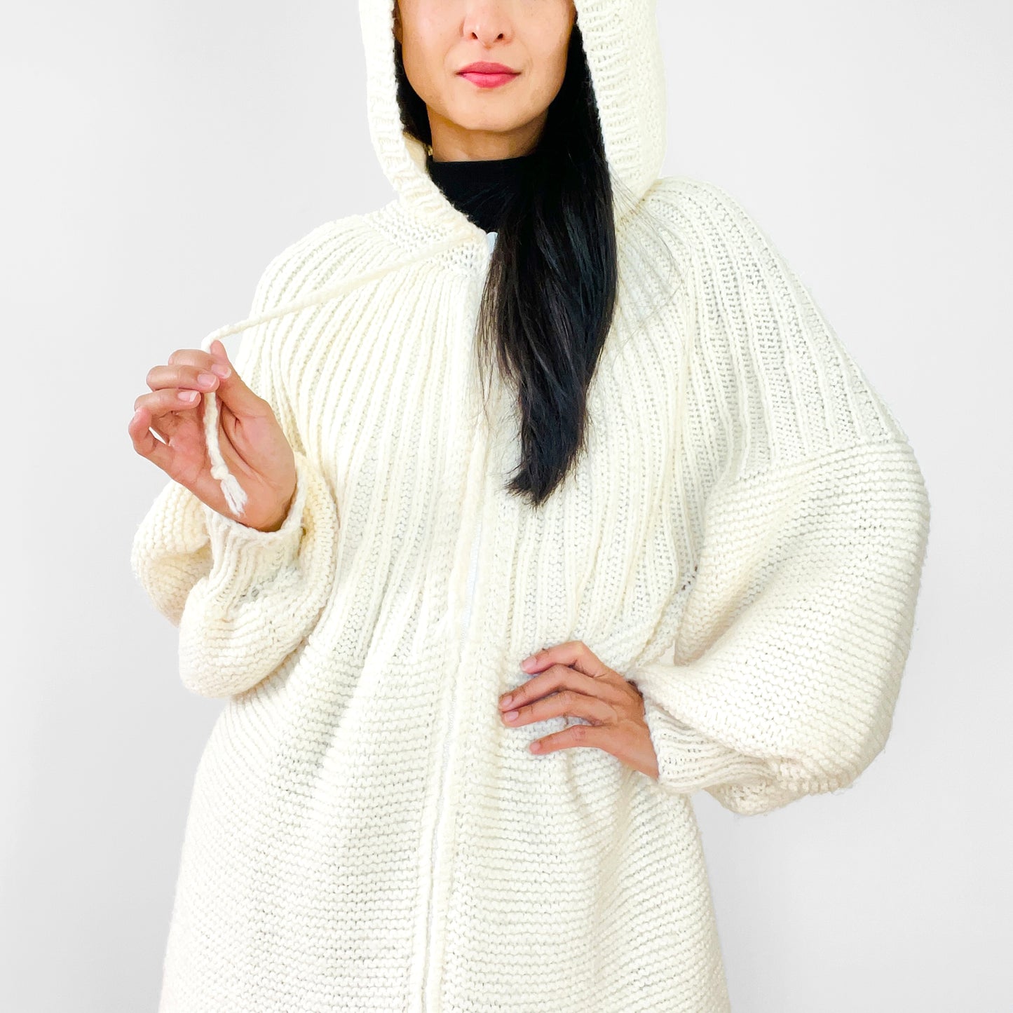 1970s Cream Balloon-Sleeved Zippered Hooded Cardigan Sweater