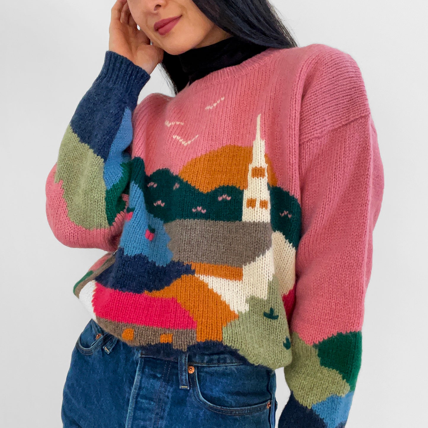 1990s Pink Wool Scotland-Spun Scenic Knit Sweater