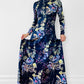 1970s Floor Length Floral Fitted High-Neck Zip-Back Long-Sleeve Dress