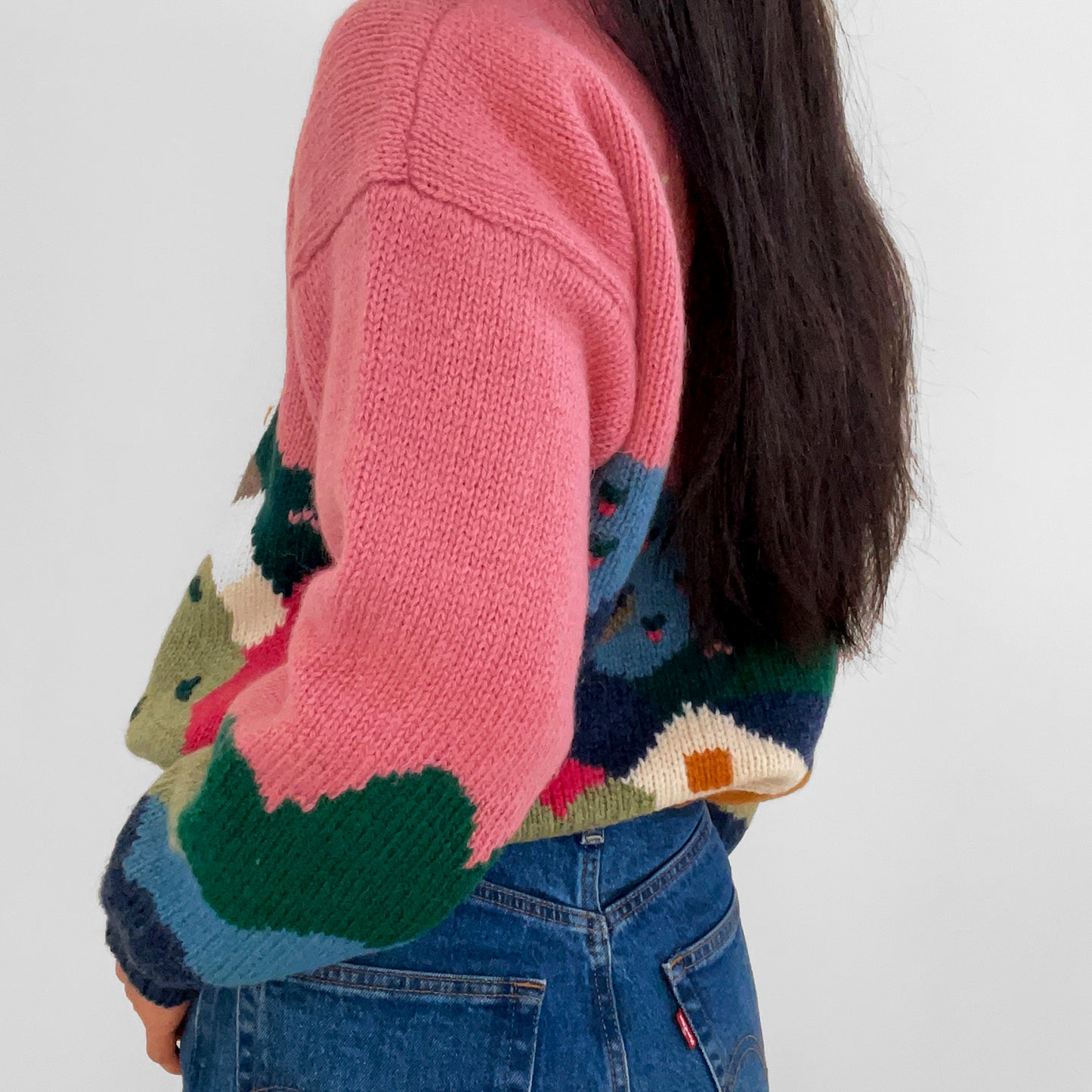 1990s Pink Wool Scotland-Spun Scenic Knit Sweater