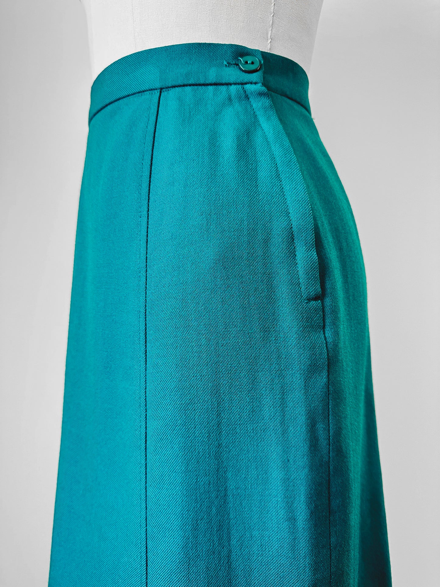 1970s Green Turquoise Pure Virgin Wool Pleated Hem Midi-Length Skirt - Waist 25