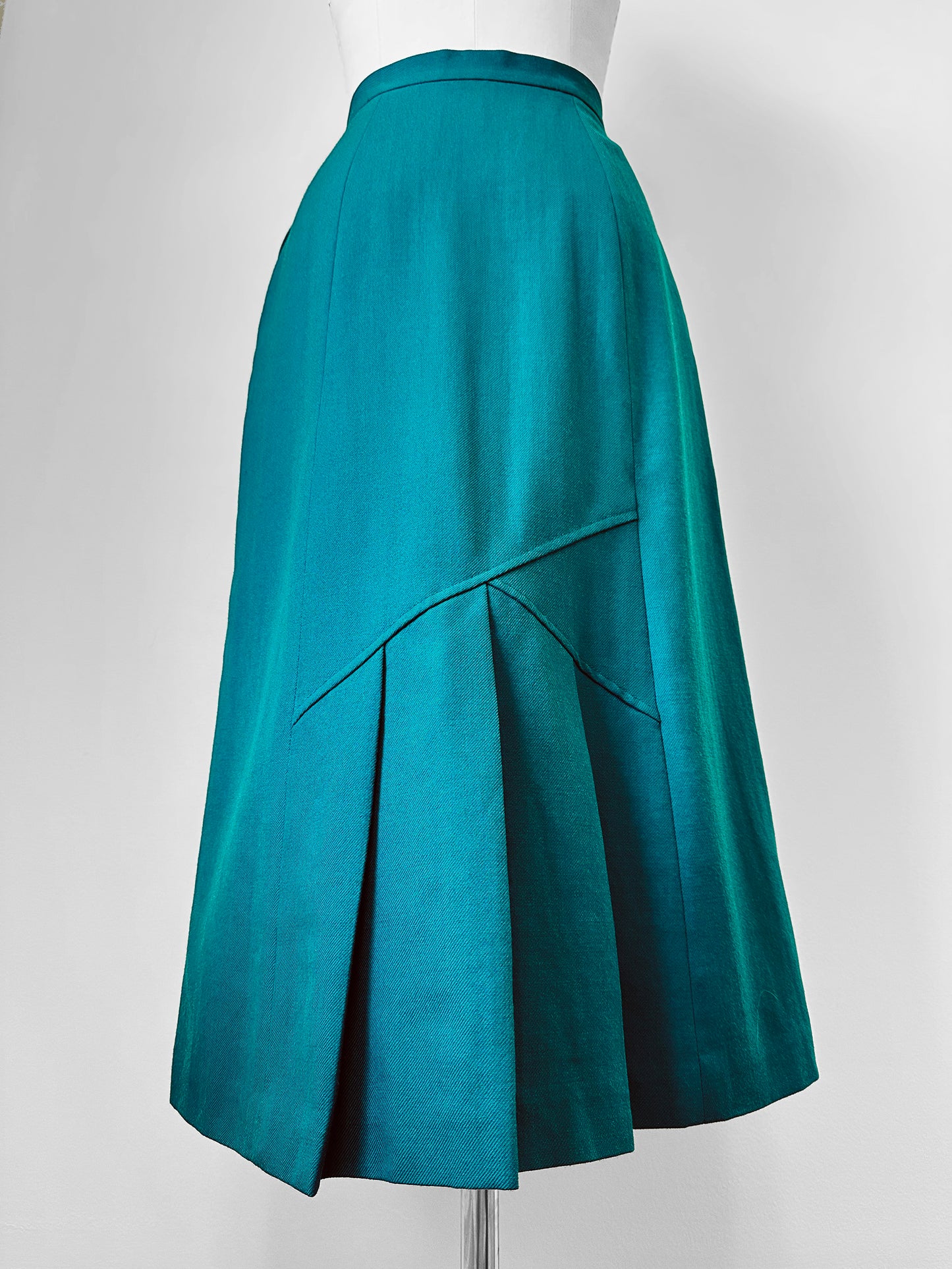 1970s Green Turquoise Pure Virgin Wool Pleated Hem Midi-Length Skirt - Waist 25