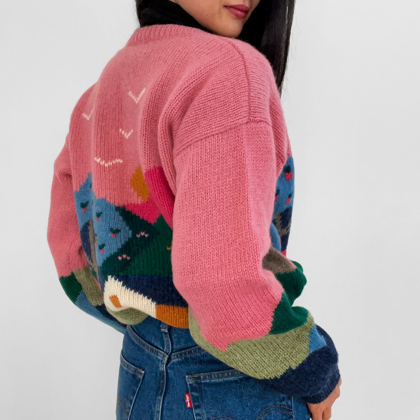 1990s Pink Wool Scotland-Spun Scenic Knit Sweater