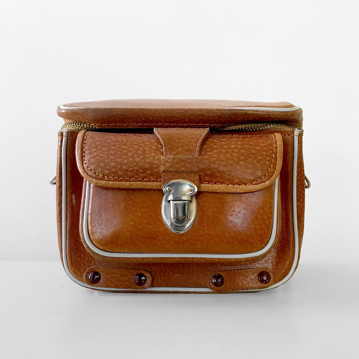 1960s-1970s Boxy Amber-Brown Leather Crossbody Camera Bag Case