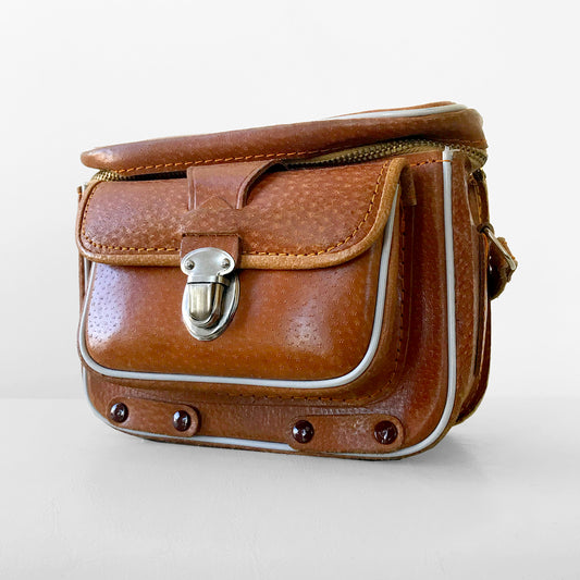 1960s-1970s Boxy Amber-Brown Leather Crossbody Camera Bag Case