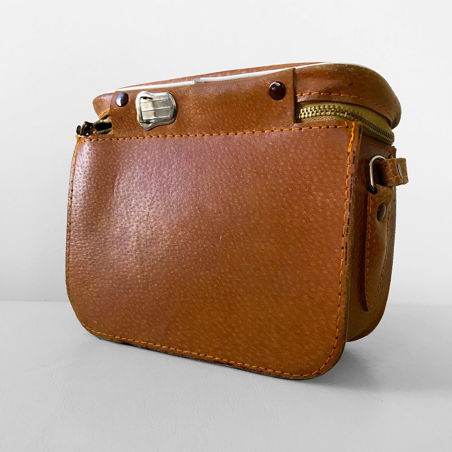 1960s-1970s Boxy Amber-Brown Leather Crossbody Camera Bag Case