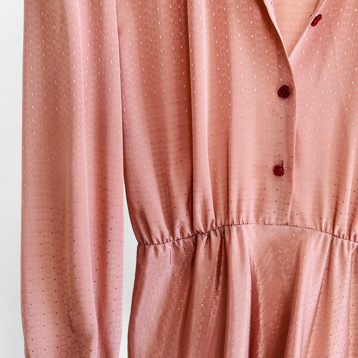 1970s Dusty Rose Tone-On-Tone Patterned Button-Front Long Sleeve Knee-Length Dress - XS/S