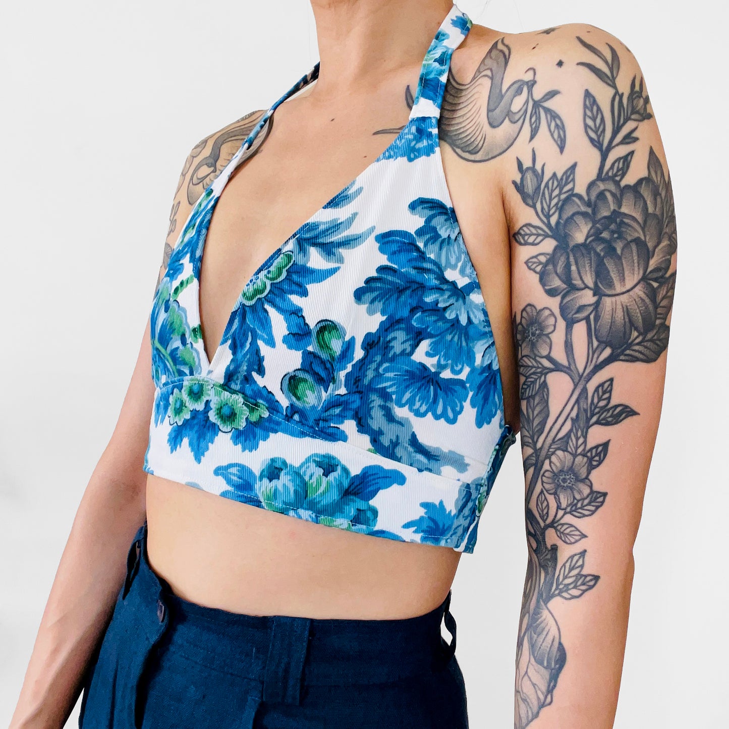 Upcycled Made-By-Me Vintage Handmade Blue and White Floral Chinoiserie Button-Back Bralette TopTop