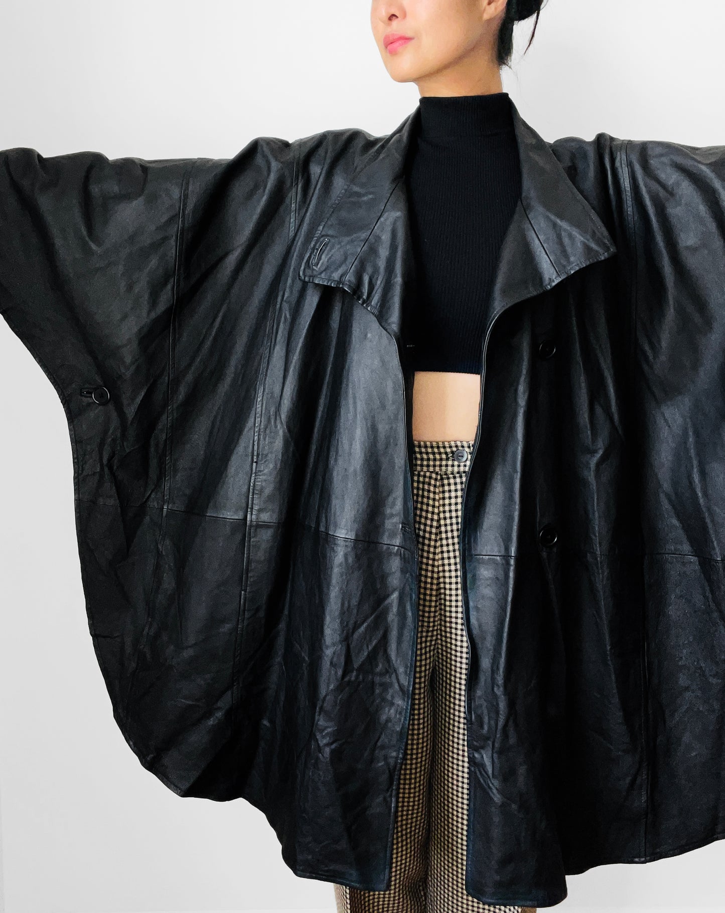 1990s Black Leather Cape Coat