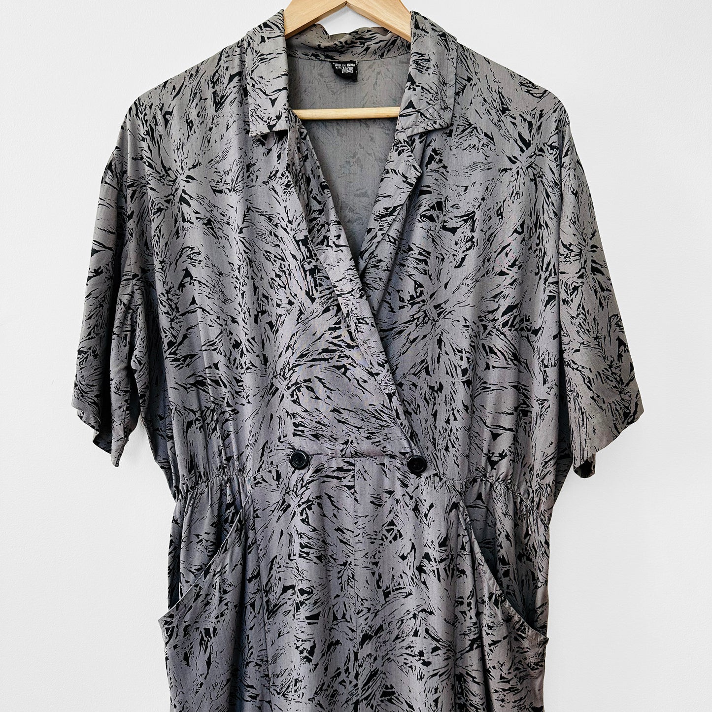 1980s Grey and Black Button-Front Patterned Cotton Dress - O/S