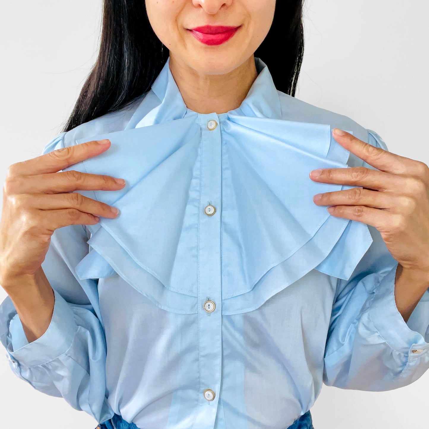 1970s Blue Ruffle-Neck Tie-Neck Button-Front Blouse