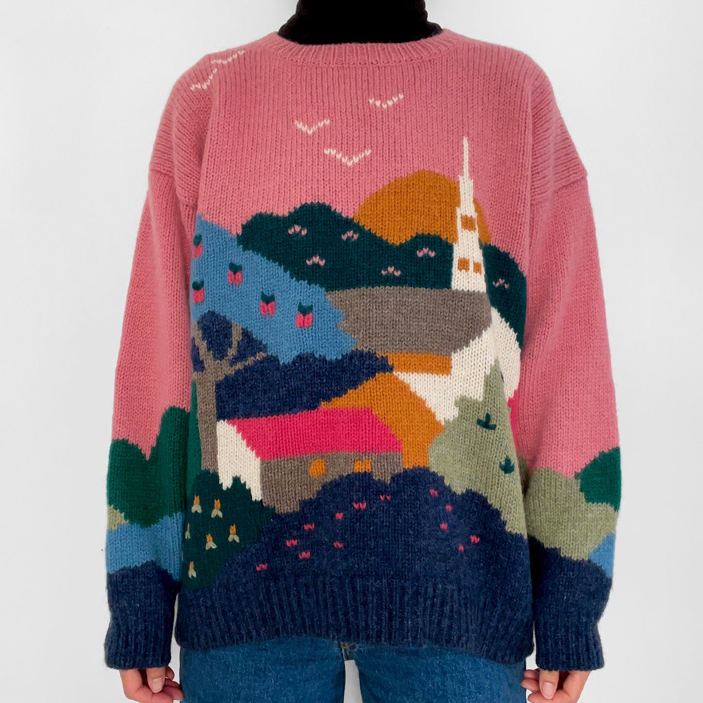 1990s Pink Wool Scotland-Spun Scenic Knit Sweater