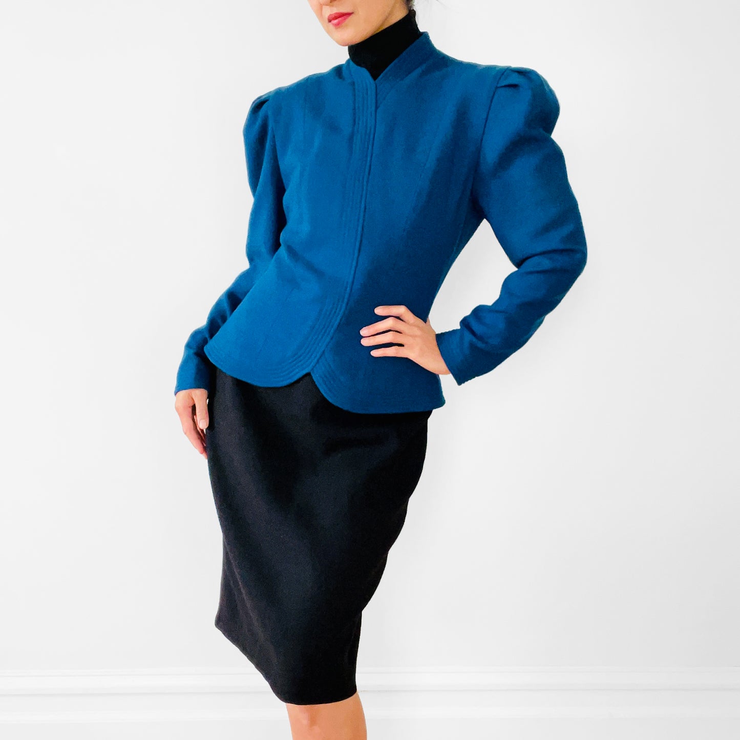 1980s Blue and Black Wool Two-Toned One-Piece Dress