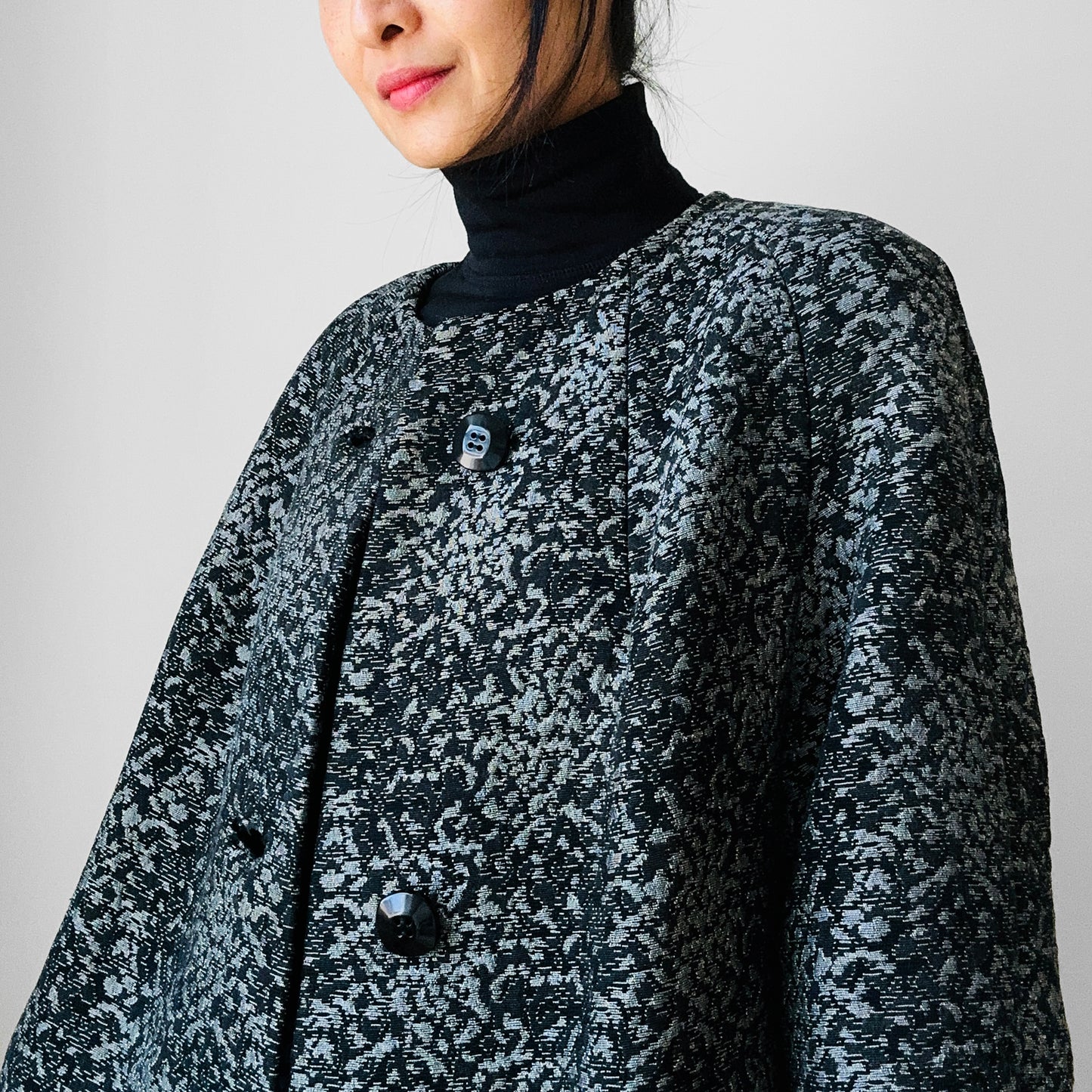 1960s Made in the USA Black and Grey Heavy Upholstered A-line Dress Coat - S/M