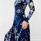 1970s Floor Length Floral Fitted High-Neck Zip-Back Long-Sleeve Dress
