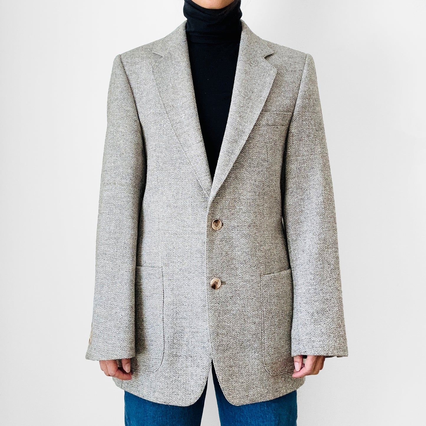 Beige Grey Wool Blended Lined Tweed Tailored Blazer Jacket - 32R / S-M