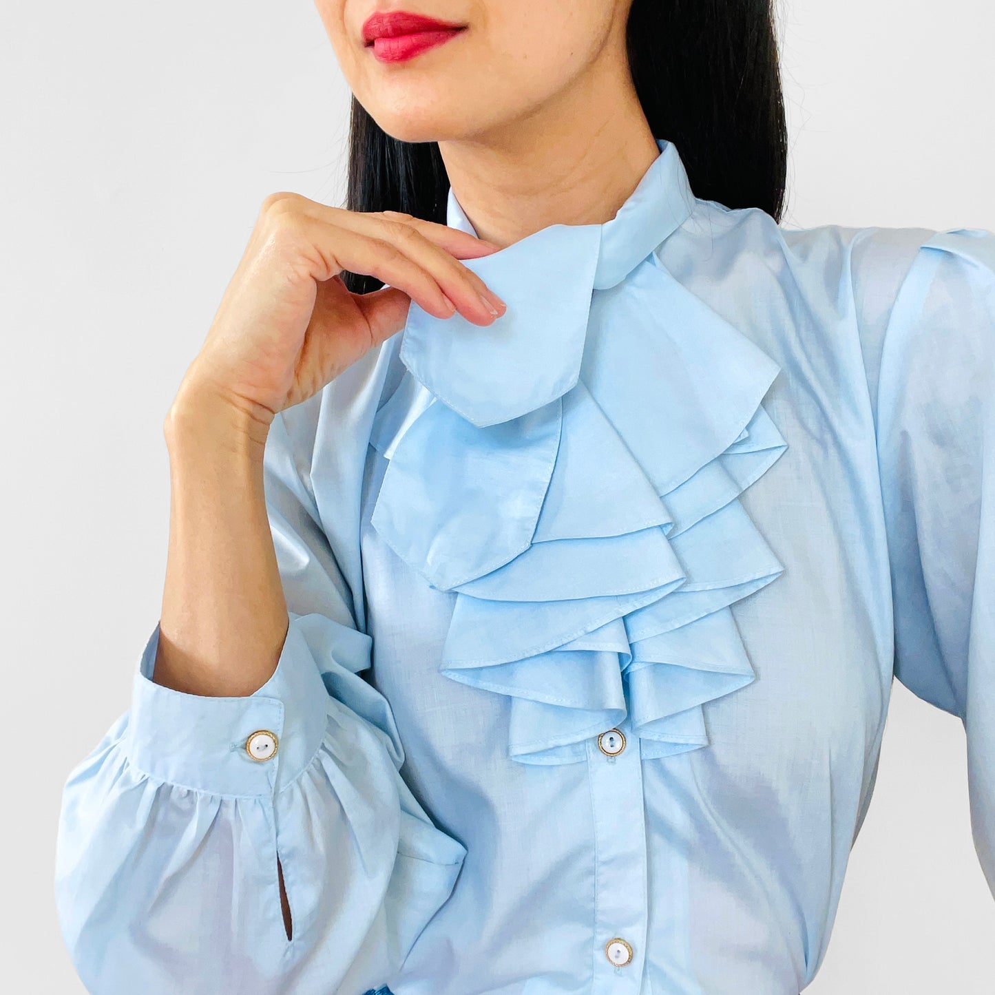 1970s Blue Ruffle-Neck Tie-Neck Button-Front Blouse