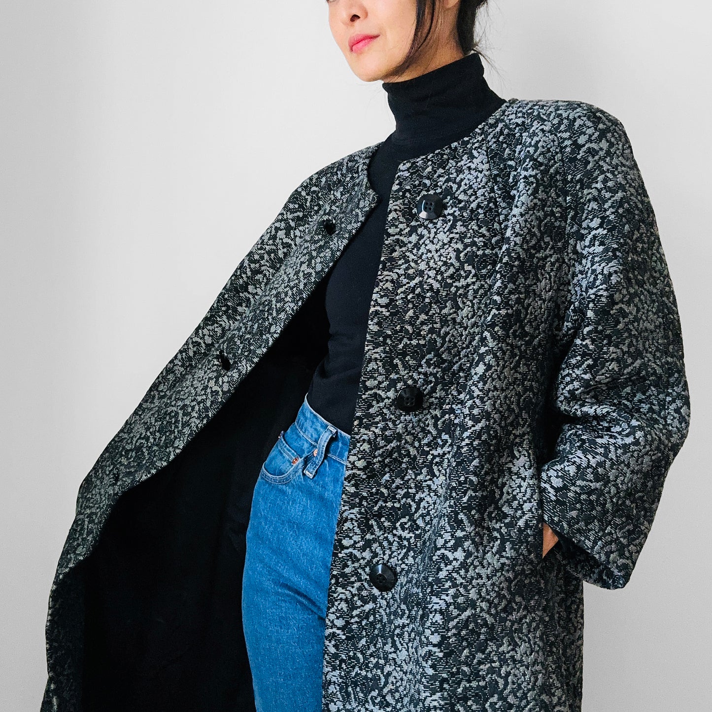 1960s Made in the USA Black and Grey Heavy Upholstered A-line Dress Coat - S/M