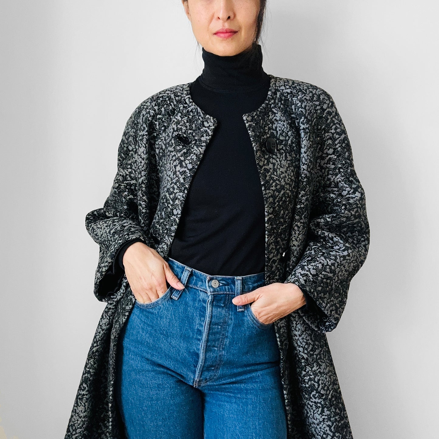 1960s Made in the USA Black and Grey Heavy Upholstered A-line Dress Coat - S/M