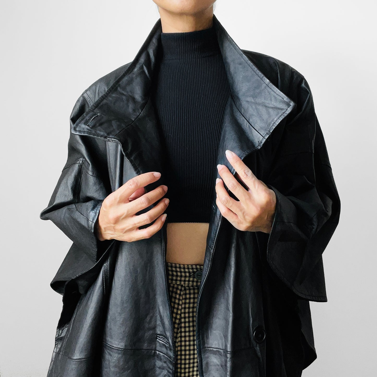 1990s Black Leather Cape Coat