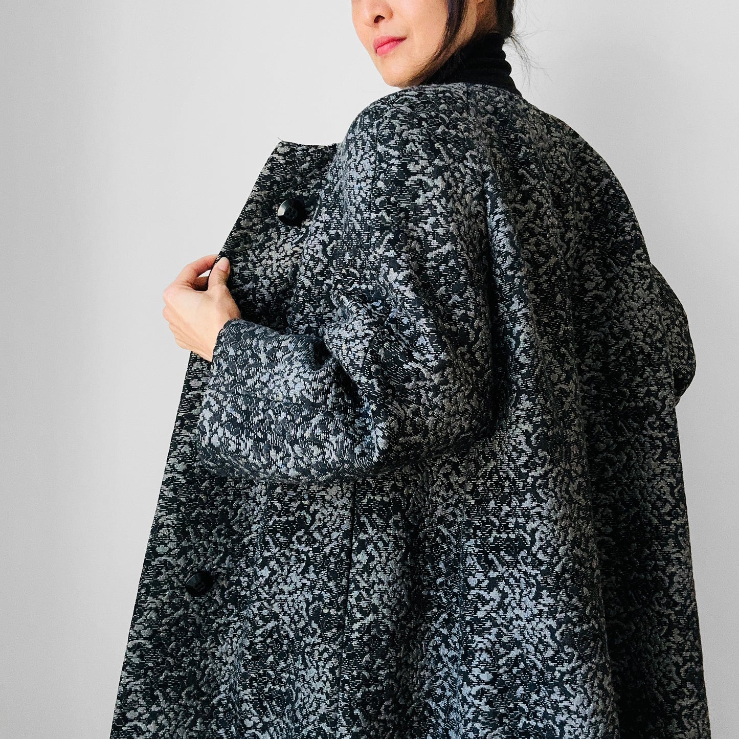 1960s Made in the USA Black and Grey Heavy Upholstered A-line Dress Coat - S/M