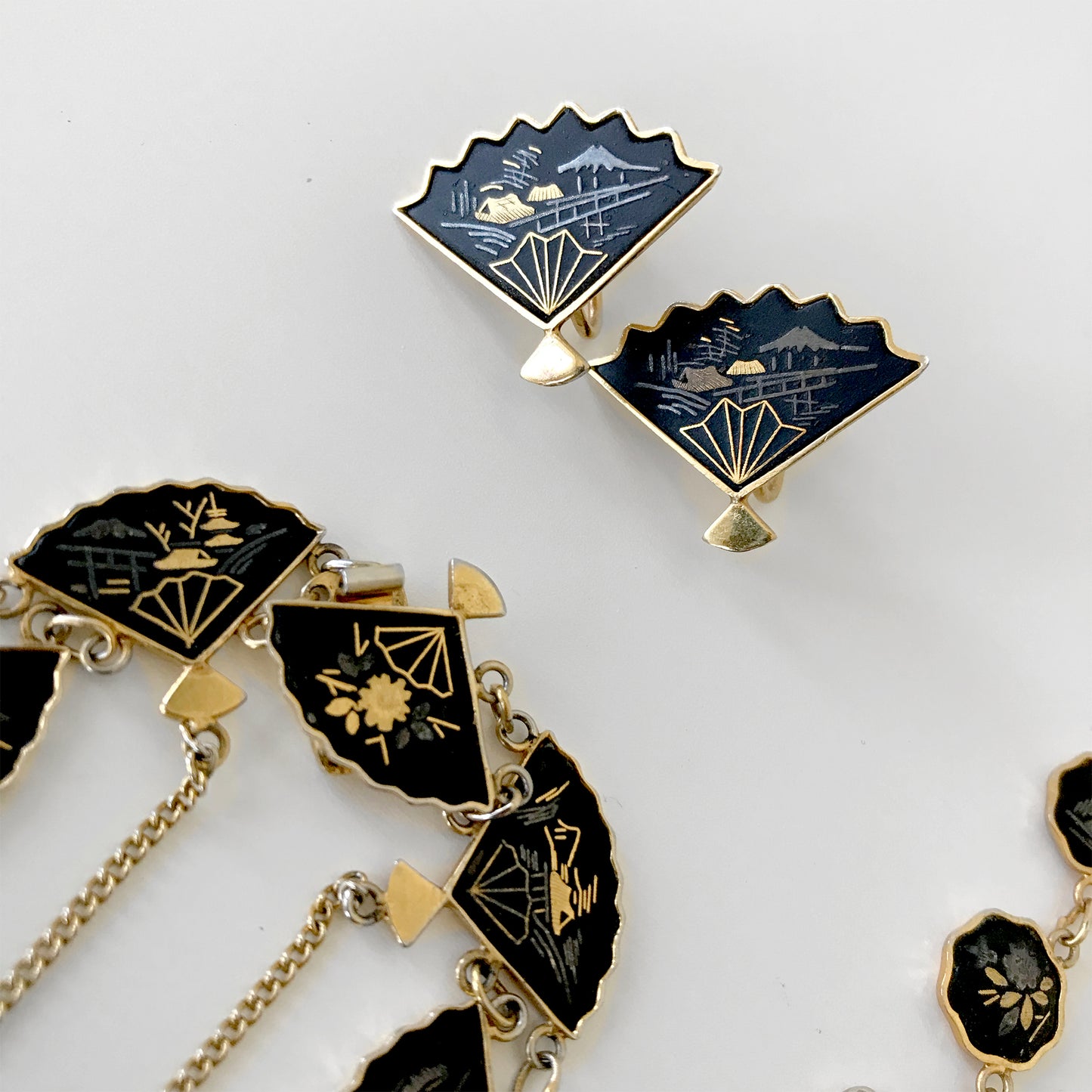 1950s Stamped Amita Japan Gold-Inlay Earrings Bracelet and Necklace Set