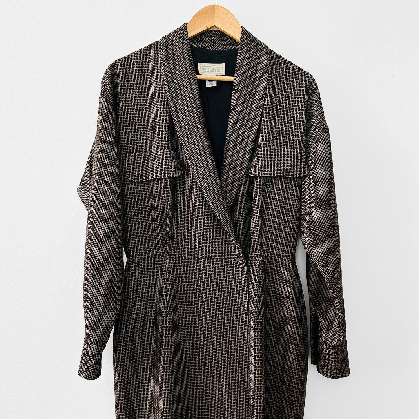 1980s Brown and Black Wool Lined Ankle Length Duster Dress - S/M