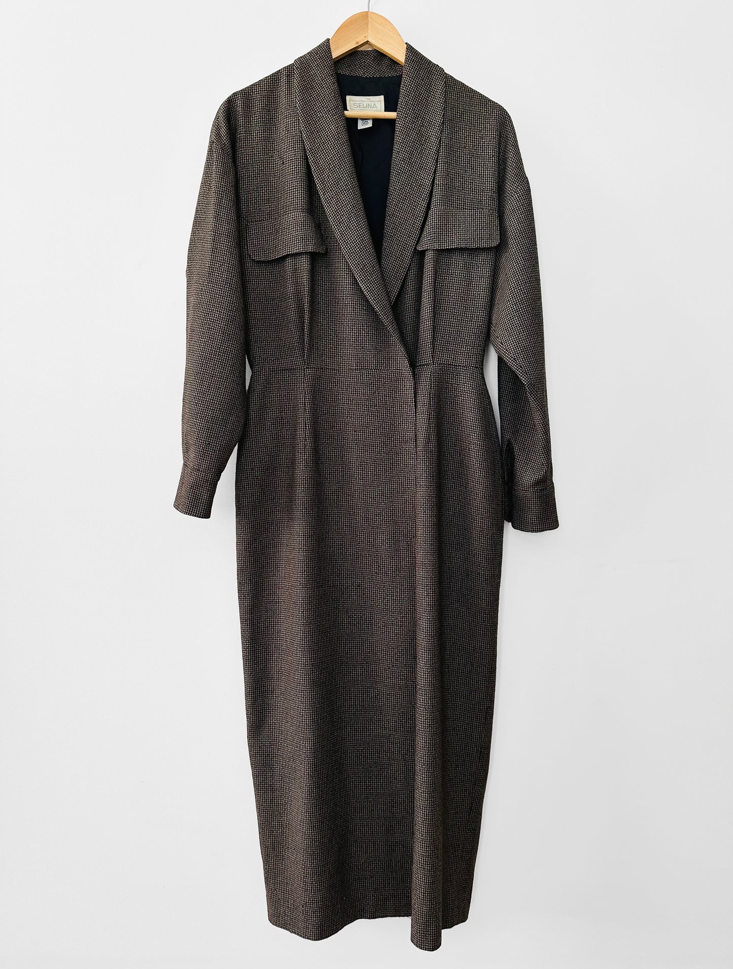 1980s Brown and Black Wool Lined Ankle Length Duster Dress - S/M