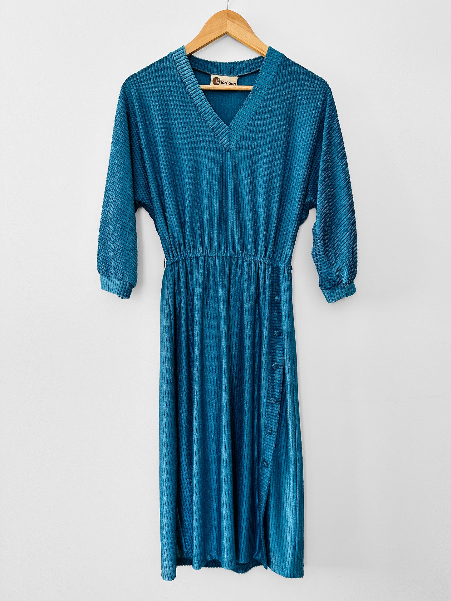 1970s Teal Velour Ribbed Elastic Waist Side-Button Knee Length Dress - Sz. S