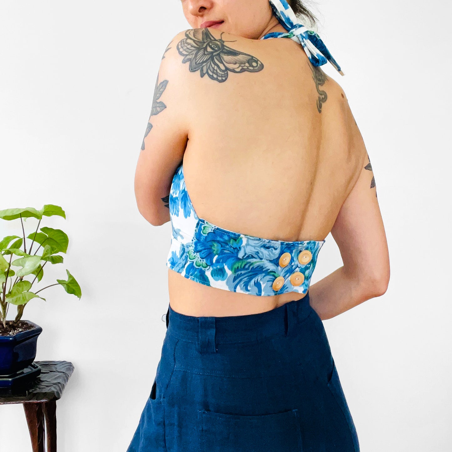 Upcycled Made-By-Me Vintage Handmade Blue and White Floral Chinoiserie Button-Back Bralette TopTop