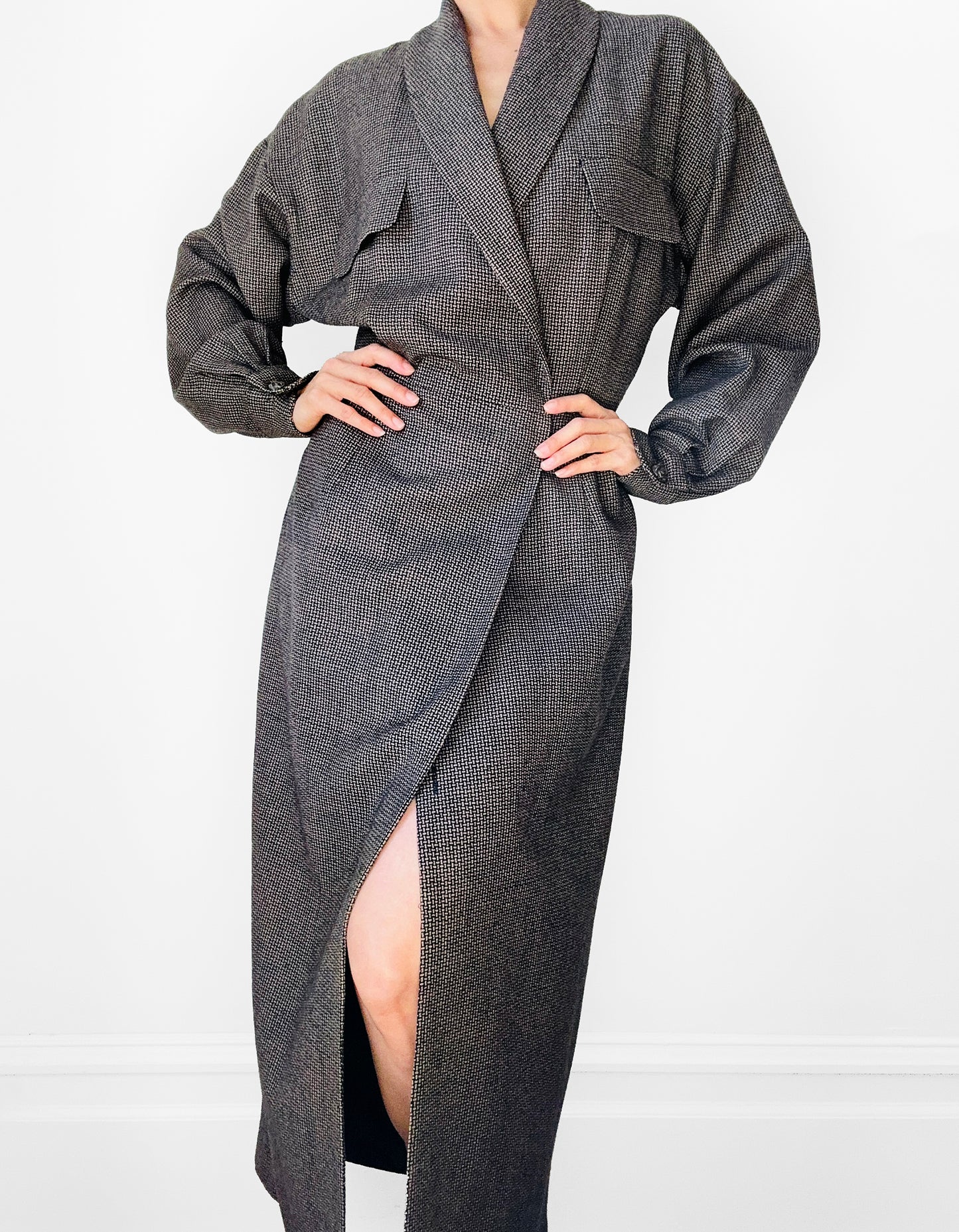 1980s Brown and Black Wool Lined Ankle Length Duster Dress - S/M