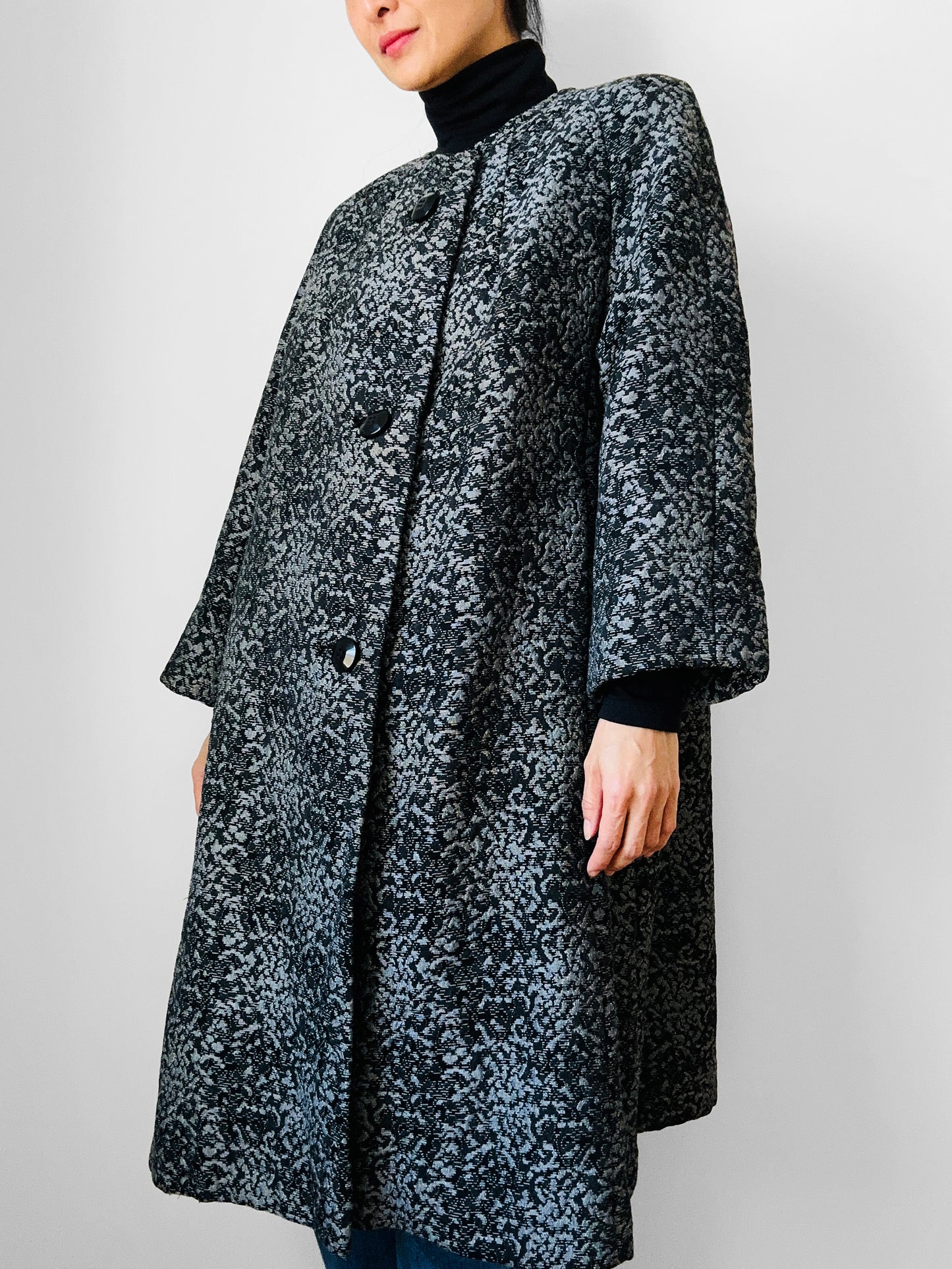 1960s Made in the USA Black and Grey Heavy Upholstered A-line Dress Coat - S/M