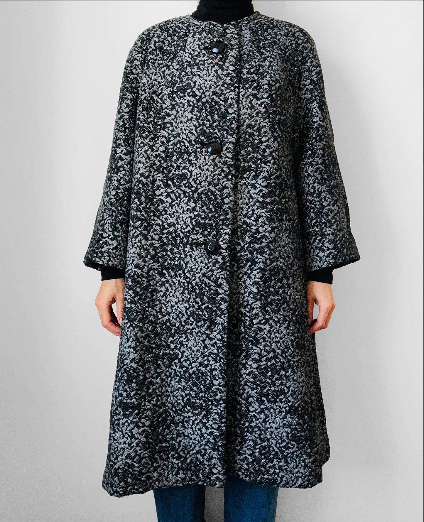 1960s Made in the USA Black and Grey Heavy Upholstered A-line Dress Coat - S/M