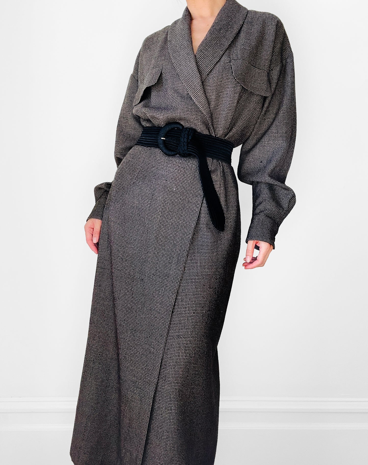 1980s Brown and Black Wool Lined Ankle Length Duster Dress - S/M