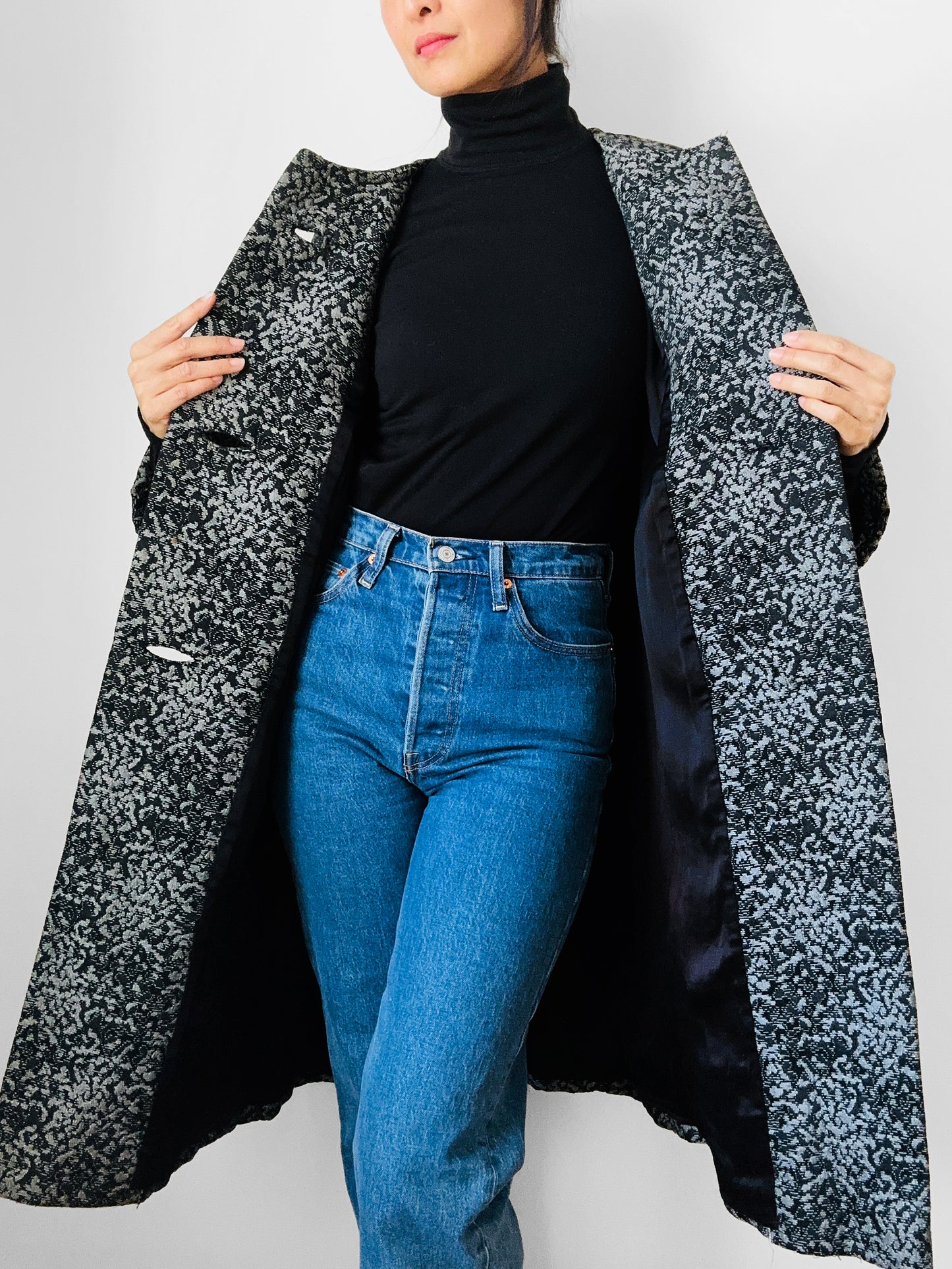 1960s Made in the USA Black and Grey Heavy Upholstered A-line Dress Coat - S/M