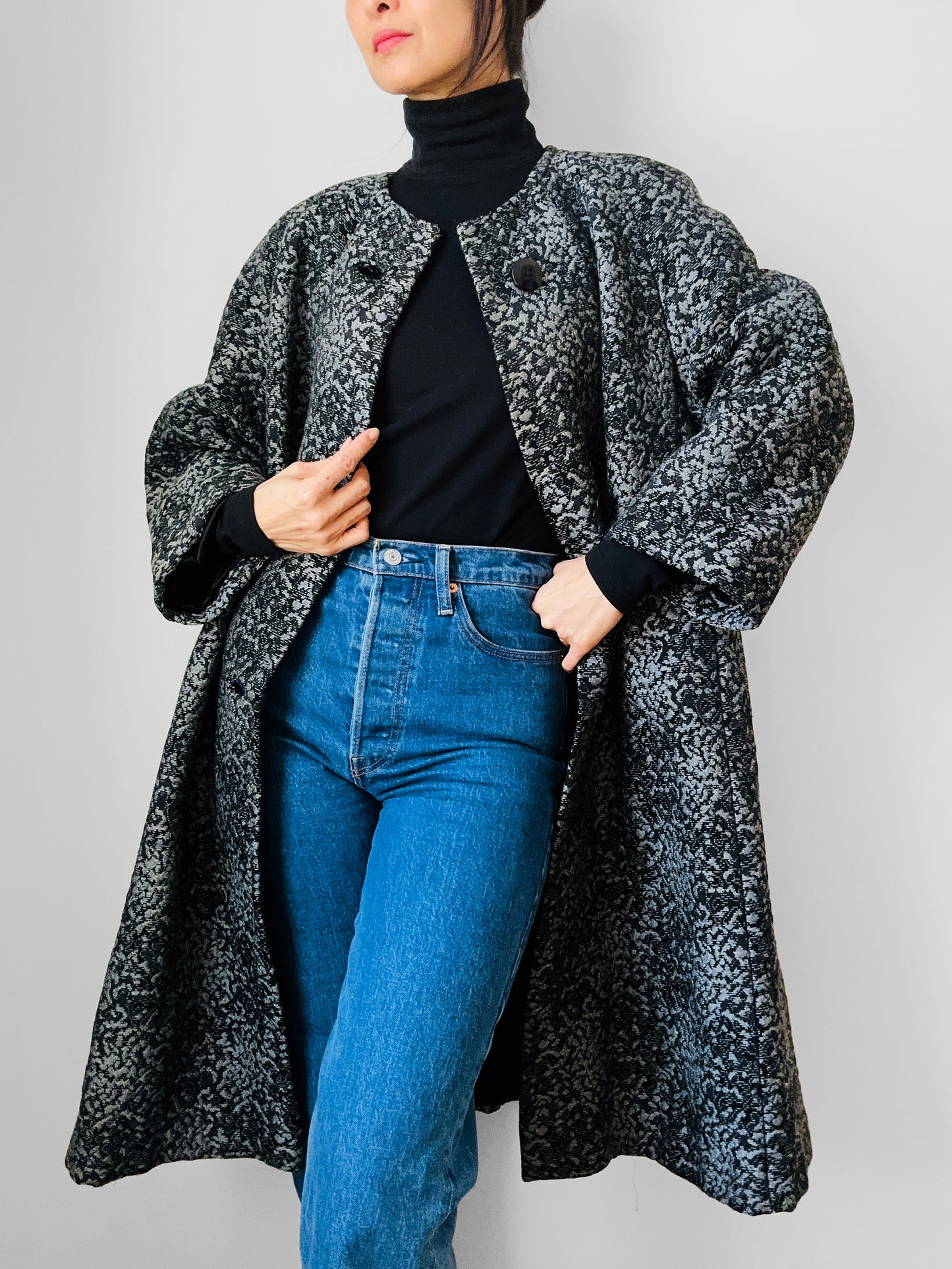 1960s Made in the USA Black and Grey Heavy Upholstered A-line Dress Coat - S/M